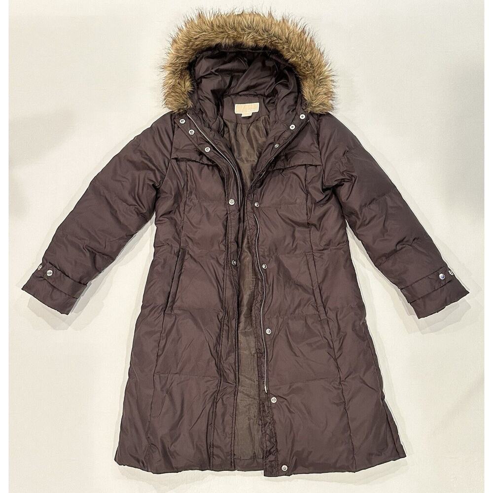 Michael Kors Women’s M Down Puffer Parka Winter Coat Hood With Fur Trim Brown - Picture 8 of 16